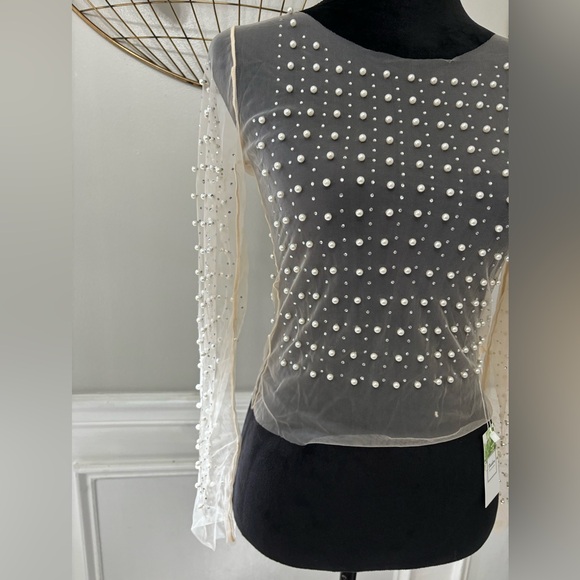 [NWT] Women's Pearl Rhinestone See Through Long Sleeve Mesh Blouse - Picture 3 of 8